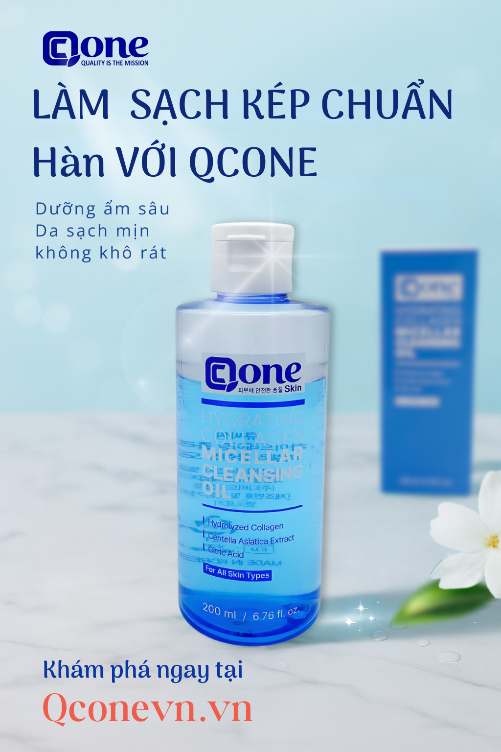 bi quyet lam sach da chuan han voi qcone hydrating collagen micellar cleansing oil